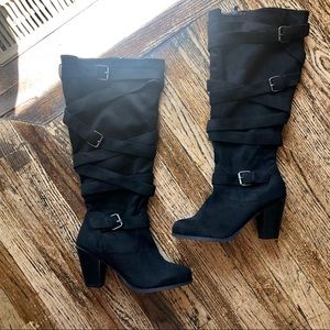 WIDE CALF Black Strappy High Heel Boots